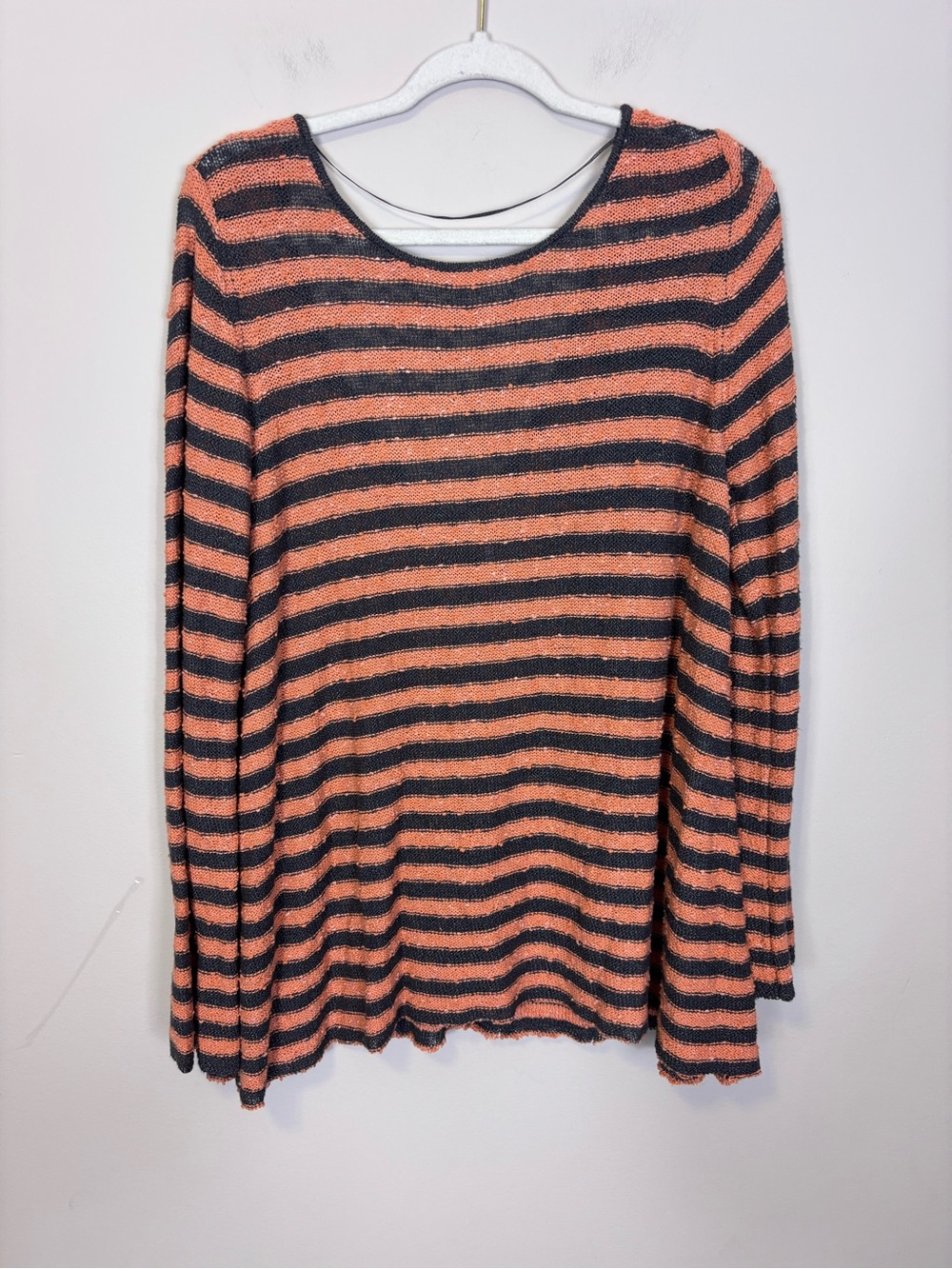 Free People Striped Lightweight Sweater - Black & Coral Orange Large